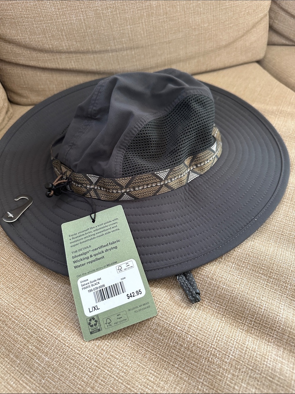 REI Men’s Charcoal Wide-Brim Sun Hat with Patterned Band